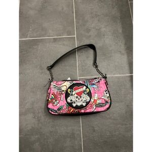 Ed Hardy Pink Love Kills Slowly Tattoo Print Baguette Shoulder Crossbody Bag